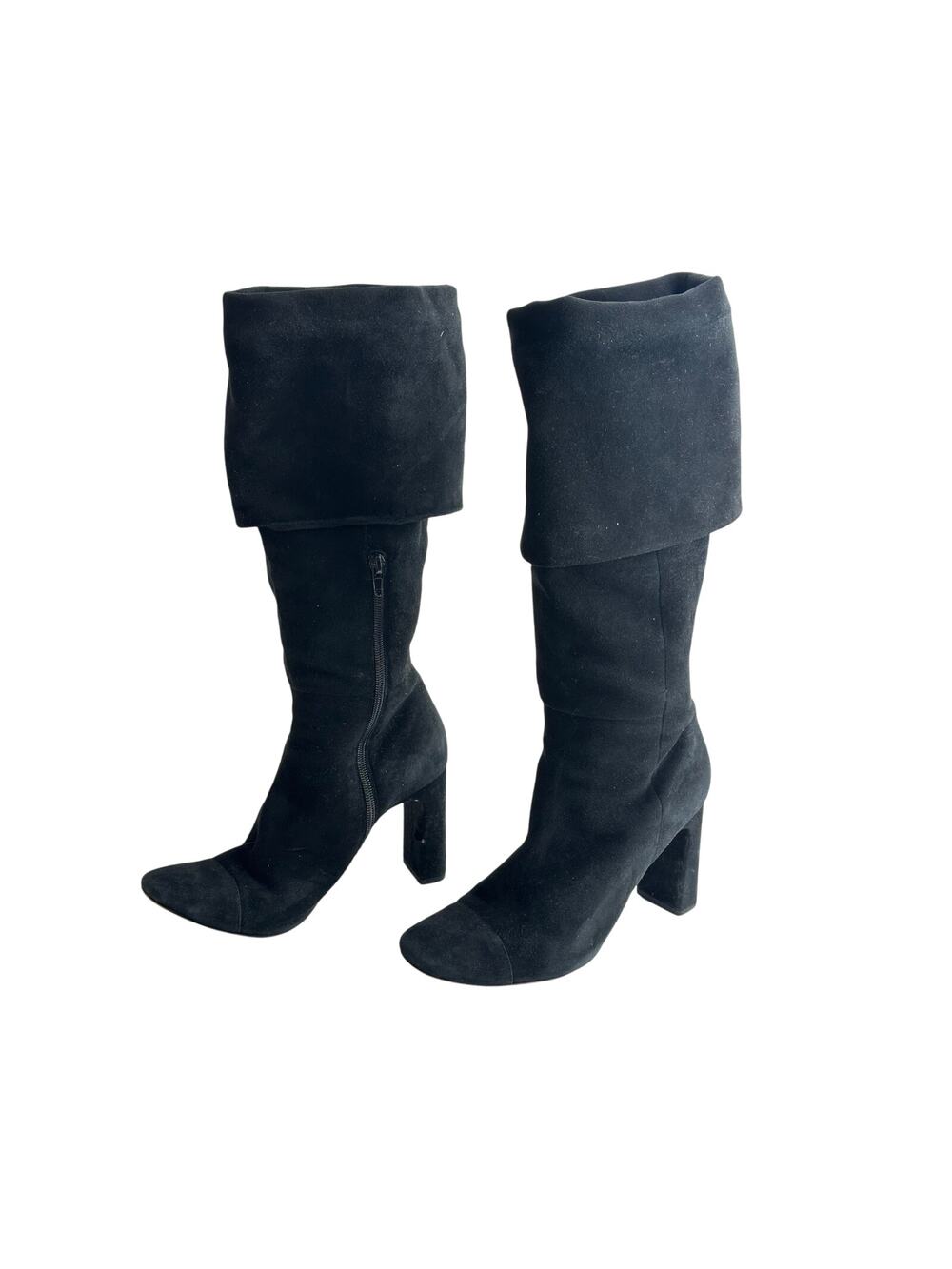 Something Navy Boots Women 8 Black Suede Knee High Cuffed Side Zipper Block Heel